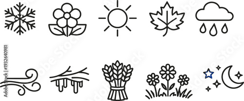 Collection of simple line icons representing the four seasons and weather elements