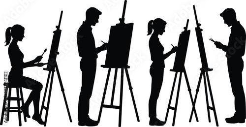 Set of black silhouettes featuring male and female artists painting on canvas with easels isolated on white background, flat vector (20 words)