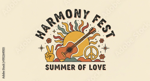 Harmony Fest Summer of Love Vintage Illustration with Guitar and Peace Symbols.
