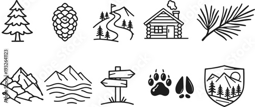 Collection of hand-drawn outdoor adventure and nature icons in a simple line art style