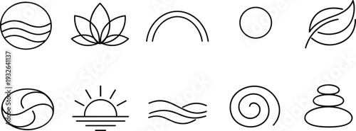 Collection of minimalist line art icons representing nature, wellness, and balance