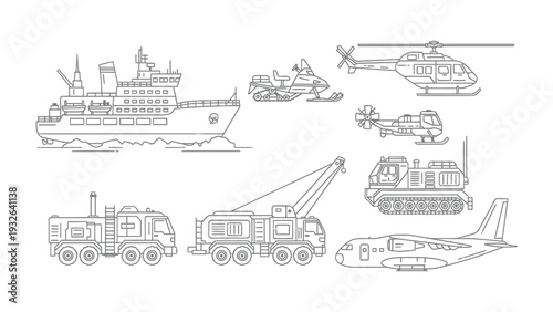 Transportation Fleet in Monochrome: A detailed illustration showcases various modes of transportation in a monochromatic style, focusing on their forms and functions. The collection includes a ship.