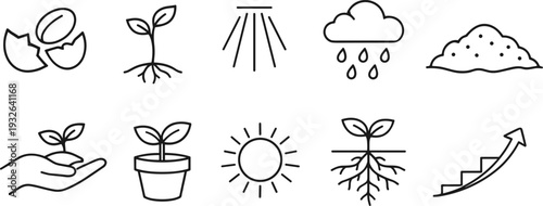 Set of icons representing plant growth stages and essential elements for cultivation