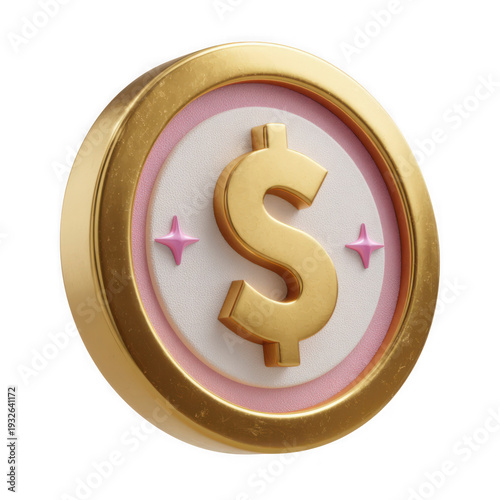 Realistic 3d rendering of a shiny gold coin featuring a prominent dollar symbol