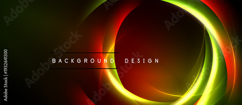 Abstract neon circles, vibrant colors blend. Dark background emphasizes glowing lines, modern design element. Text reads background design.
