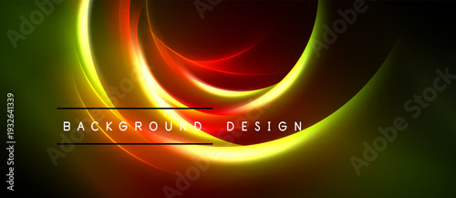Abstract neon lights create dynamic curves. Vibrant colors blend, forming circular shapes against dark backdrop. Modern design element.