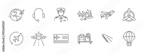 Aviation set icon. Collection with globe airplane, headset, pilot, crash plane, flying jet, propeller, flight rotation, runway landing, ticket, luggage cart, takeoff wing, parachute