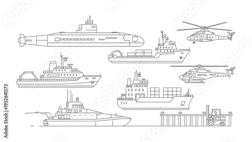 Oceanic Fleet Silhouette: An illustration of a fleet of ships and aircraft, symbolizing global transportation and the intricate world of naval vessels. 