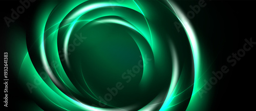 Abstract swirling lines create luminous green circular pattern. Dark background emphasizes bright energy, dynamic flow.