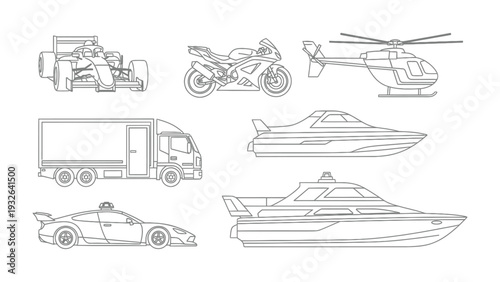 Vehicle Line Art Collection: A diverse compilation of vehicles, each rendered in clean, minimalist line art, showcases transport technology