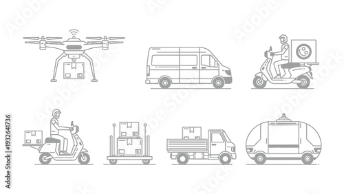 Delivery Vehicles Illustration: A collection of various delivery vehicles. These include a drone, a van, a scooter, a cargo truck, and a futuristic food delivery vehicle. 