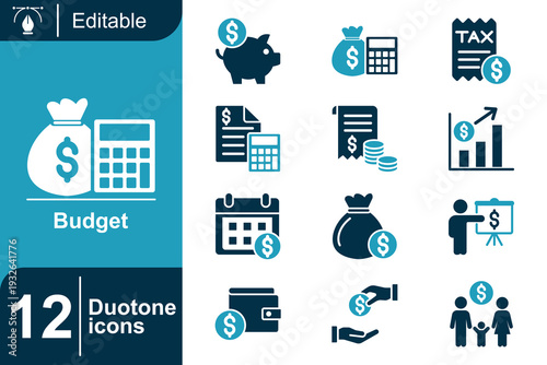Budgeting and finance icons A collection of 12 duotone icons representing financial management, saving money, taxes, and business planning for digital and print media