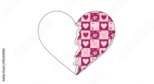 Stylized broken heart illustration with one half solid white and the other half filled with a pink heart patterned checkerboard.
