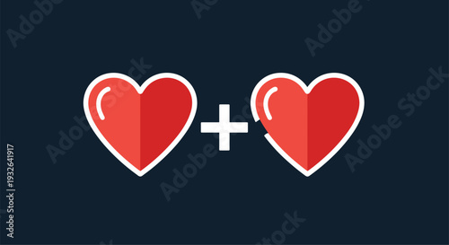 Two red heart icons with white outlines separated by a white plus sign on a dark blue background representing love and addition.