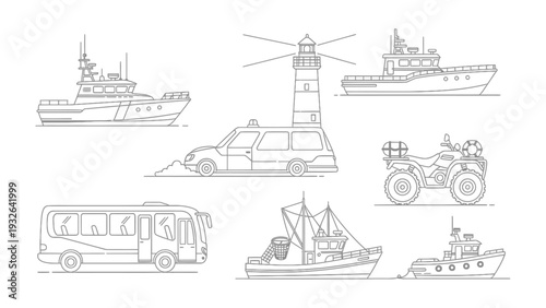 Diverse Transport Icons in Outline: A minimalist illustration showcases a collection of diverse transport icons in a clean, outlined style. Including different transportation