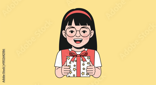 Happy young girl with black hair and glasses holding a white gift box with gold stars and a red ribbon on a yellow background.