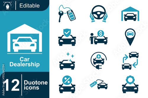 A Collection of 12 Editable Duotone Icons Representing Various Aspects of Car Dealership Services and Features, Ideal for Digital and Print Media