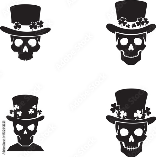 Four unique black silhouette skull icons wearing top hats adorned with shamrocks perfect for st patrick's day or spooky