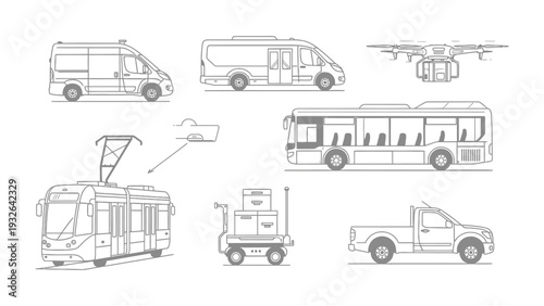 Urban Transport Sketches: A comprehensive series of line-drawn transport vehicles, artfully sketched to showcase the intricate designs of various city transport modes.