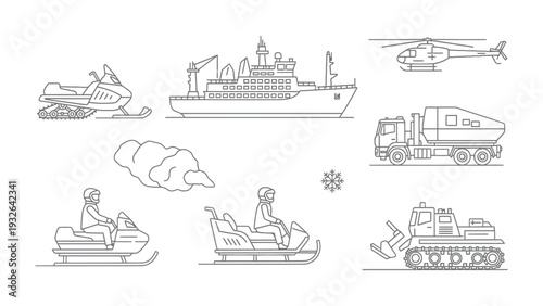 Polar Expedition Vehicles: An illustrated collection showcases a variety of vehicles and transportation methods essential for polar exploration and travel across snowy terrains.