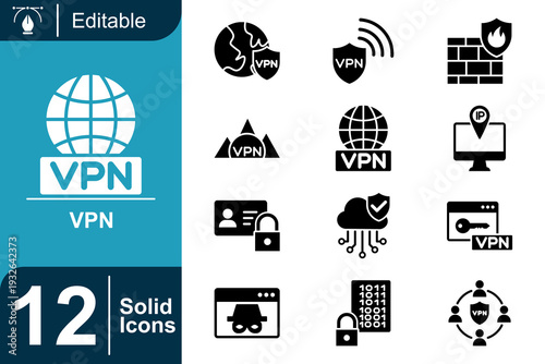 Solid icons representing VPN technology concepts like secure connections, global networks, digital privacy, and internet security for network and data protection solutions