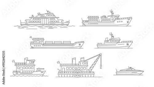 Vessel Variety: A collection of various vessels, each designed for a unique purpose, navigates the open water, representing the diversity of maritime transport and industry.