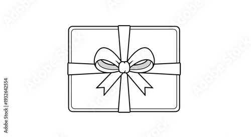 Top-down view of a rectangular gift box tied with a large decorative ribbon bow in a black and white line art style.