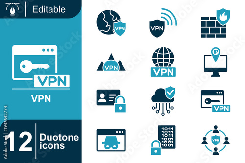 Diverse collection of 12 duotone icons representing virtual private network (VPN) services, security, online privacy, and digital connectivity for various applications and online usage scenarios
