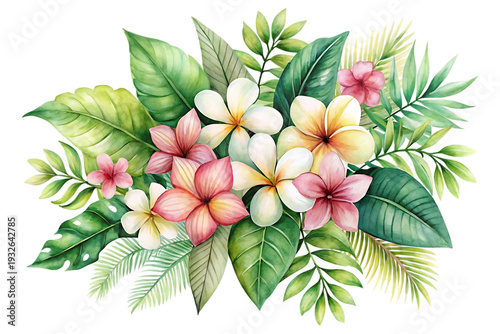 watercolor of tropical spring floral green leaves image transparent background