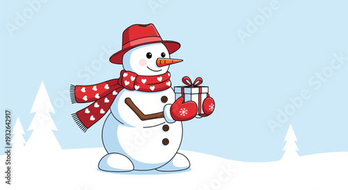 Friendly snowman wearing a red hat and heart-patterned scarf holding a gift box while standing in a snowy winter landscape.