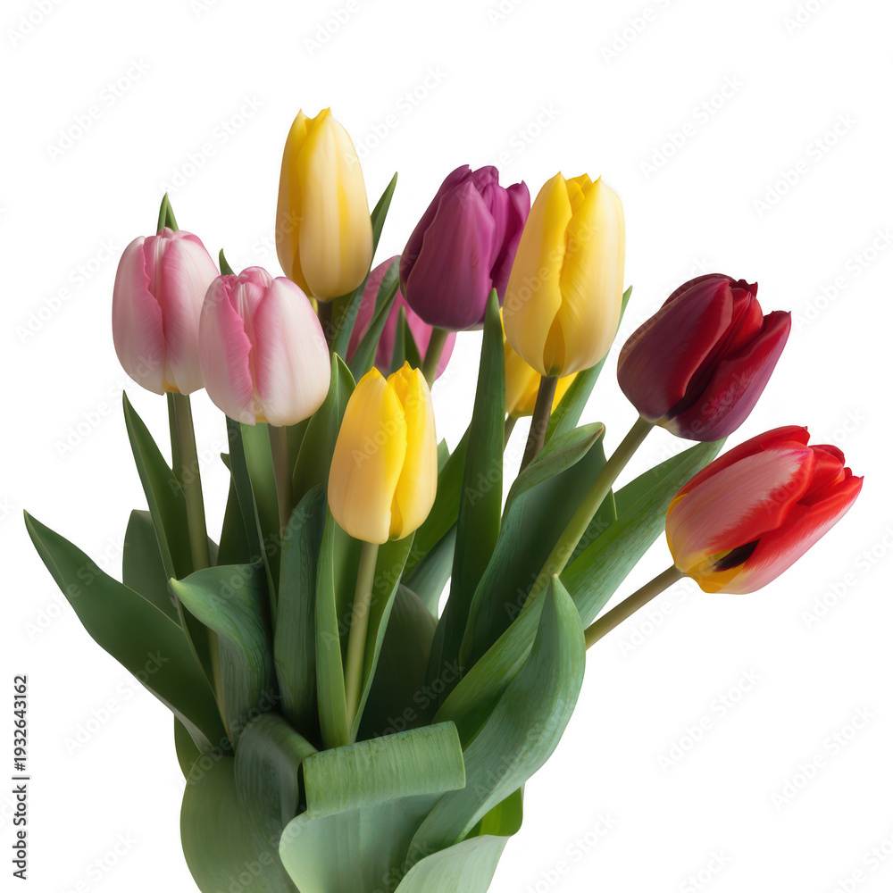 Obraz premium A vibrant bouquet of multicolored tulips isolated on transparent background with green leaves