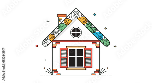 Whimsical little house illustration with a colorful swirled roof and red shutters on a clean white background for stories.