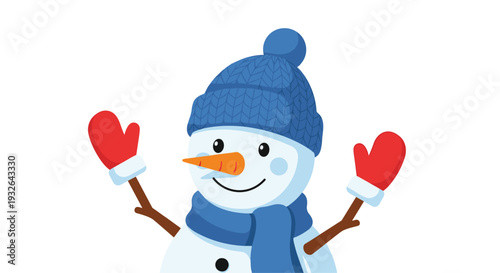 Friendly cartoon snowman wearing a blue knitted hat and matching scarf with bright red mittens waves against a white background.