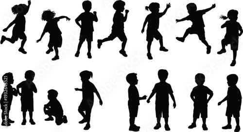 Children Playing Silhouettes Collection, Kids Jumping Running and Standing Poses Black Vector Illustration Isolated on White Background