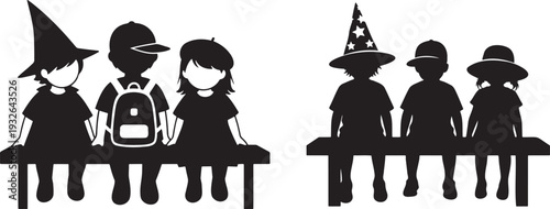 Diverse group of stylized children silhouettes in black wearing hats and backpacks sitting on a bench symbolizing childhood