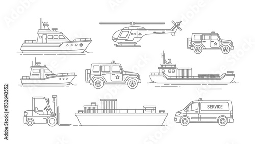 Transportation Fleet: A collection of various vehicles illustrated in a clean, linear style, showcasing the diverse modes of transportation used in our modern world.