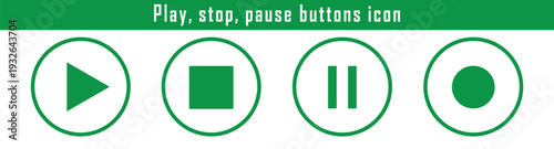 Green Media Control Icons Set – Play, Stop, Pause Buttons for Music and Video Player UI, Multimedia Navigation Controls, Streaming App Interface Symbols (Vector Illustration).