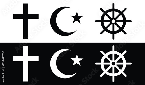 Christianity Islam Buddhism Vector Icons Set – Cross, Crescent Moon and Star, Dharma Wheel (Dharmachakra) Religious Symbols Collection for Church Mosque Temple, Faith, Spirituality, Education and Info