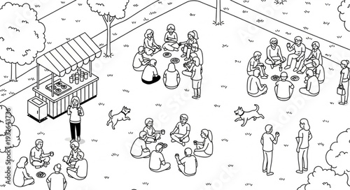 People gathering in a park, enjoying food and company, socializing outdoors.