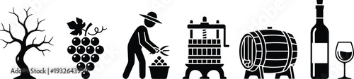 Wine production process icon set vector illustration, vineyard tree, grapes harvest, farmer, press machine, barrel, bottle and glass silhouettes isolated on white background
