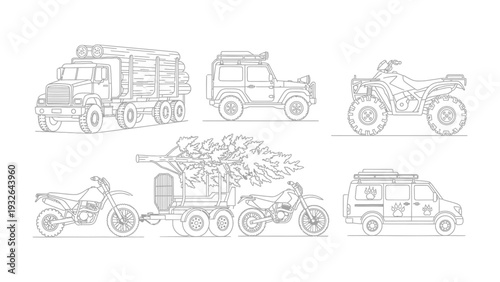 Vehicles Collection: A captivating collection of intricately detailed vehicle line drawings, showcasing diverse modes of transportation against a clean background.