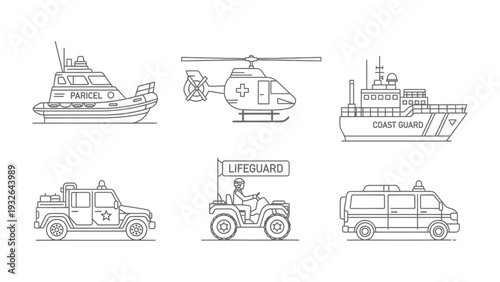 Safety and Rescue Transportation Illustrations: A comprehensive graphic array presents a collection of essential safety and rescue vehicles, encompassing boats, helicopters, and ground support.