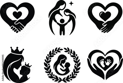 Collection of black graphic icons representing family love care and support themes