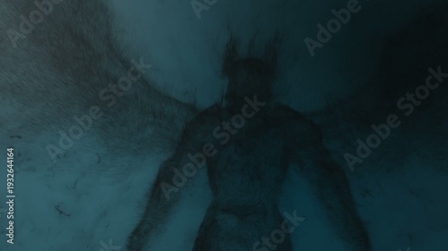 3d animation of an angel or demon built from particles