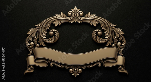 Ornate golden frame with ribbon banner, elegant design, decorative elements.