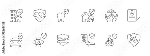 Insurance protection coverage set icon. Building pet tooth house family policy car eye vehicle passport wheelchair shield depict safety risk support service.