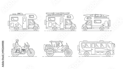 Transportation Variety: A collection of various means of transport including a camper van, motorcycle, and other vehicles suitable for travel and adventure.