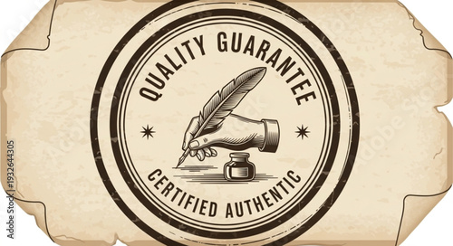 Vintage Quality Guarantee Certified Authentic Seal with Quill Pen and Inkwell.