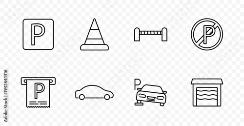 Parking set icon. Parking sign, cone, barrier, forbidden zone, ticket, vehicle, paid area, garage, restriction, urban infrastructure, traffic control