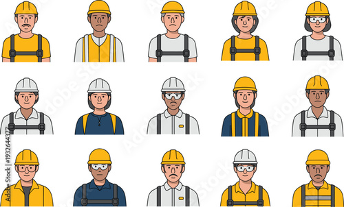 Construction Worker Avatar Collection with Diverse Male and Female Characters Wearing Safety Helmets Flat Vector Portrait Set